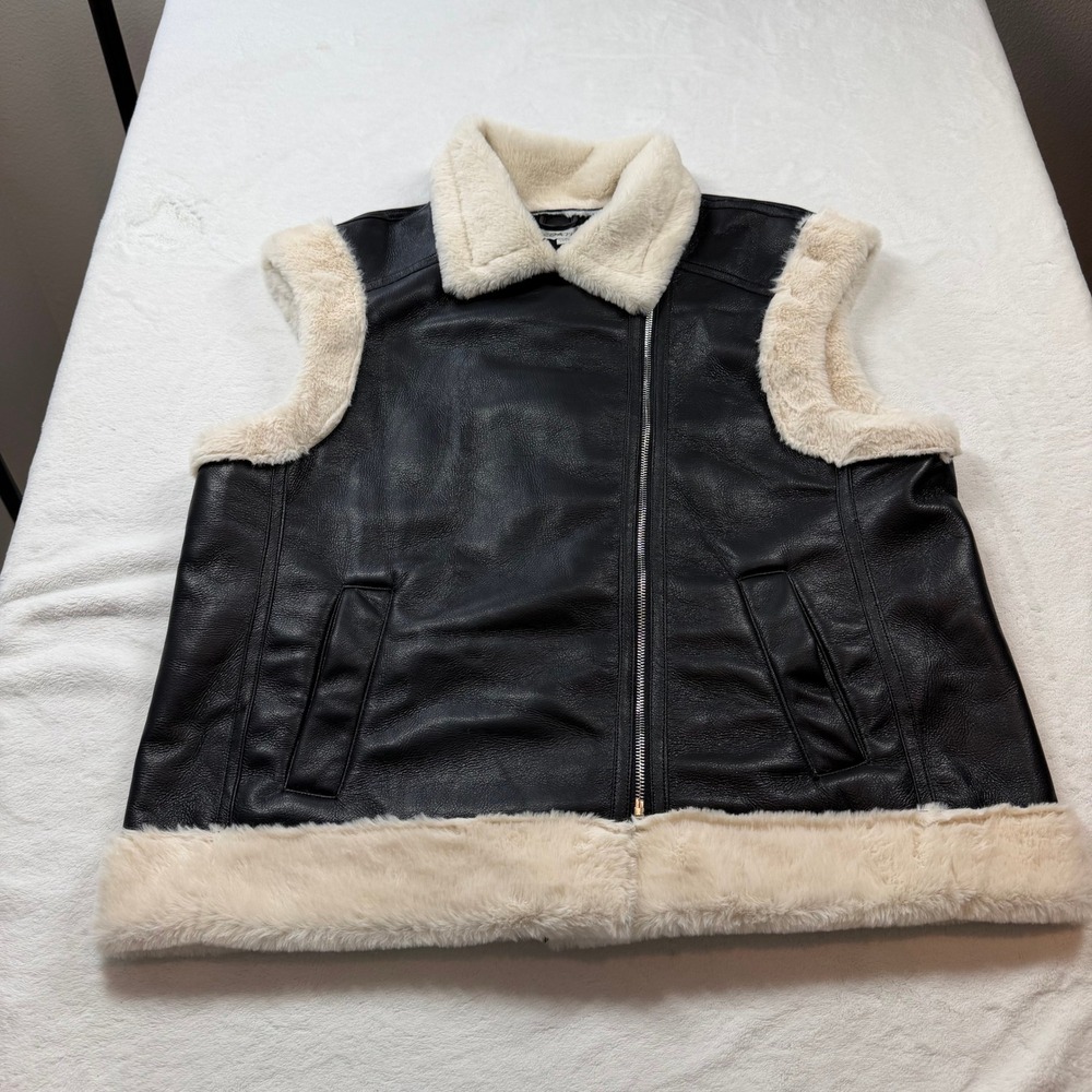 B. Coature Faux Leather‎ Shearling Vest Womens XL Black Good Moto Asymmetrical